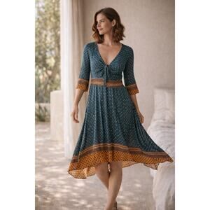 Anthropologie Maeve Beloved Tie Front Floral Midi Dress Blue Yellow Large